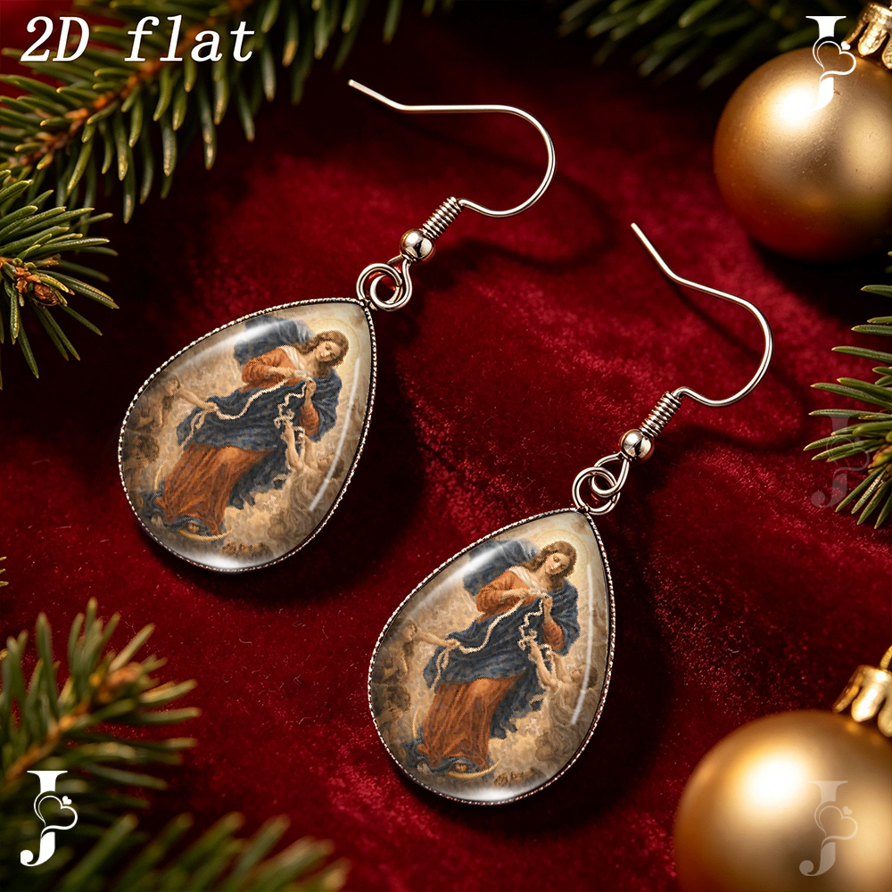 Teardrop Dangle Earrings with Our Lady Undoer of Knots Pattern